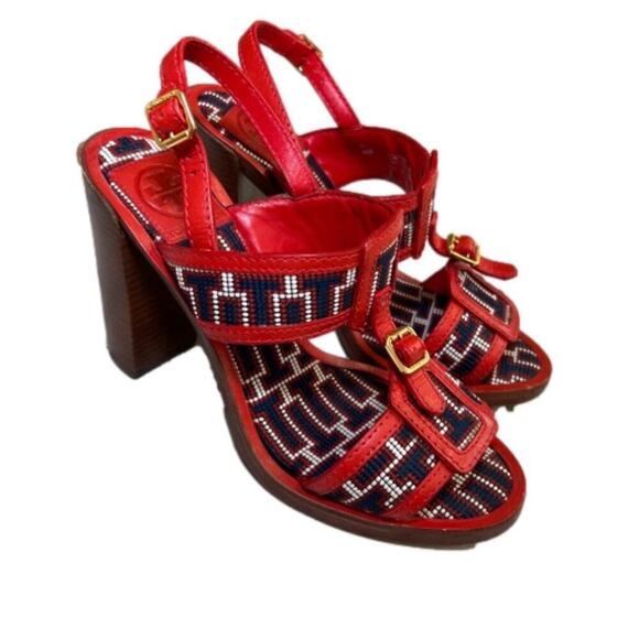Tory Burch Florian Woven Leather  Red/Navy/White 4.25” Block Heel Sandal Size 8M - Picture 1 of 11